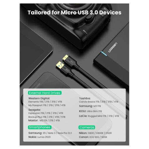 UGREEN US130 Micro USB 3.0 to USB - A Hard Drive Cable - 1M - Standard - Length Micro USB 3.0 Cable for Hard Drive Connectivity - Image 3