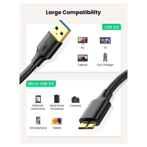 UGREEN US130 Micro USB 3.0 to USB - A Hard Drive Cable - 1M - Standard - Length Micro USB 3.0 Cable for Hard Drive Connectivity - Image 4
