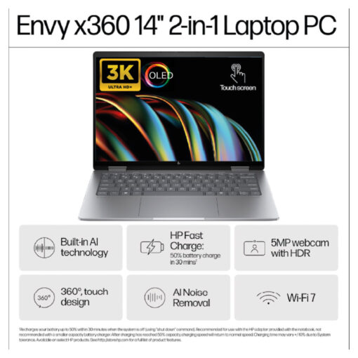 HP Envy x360 2-in-1 Laptop 14-fc0043ne Intel Core Ultra 7 155U Intel Evo 14 Touch-Screen, 3K OLED 120 Hz Windows 11 Home with Tilt Natural Silver Pen - Meteor silver - Image 3