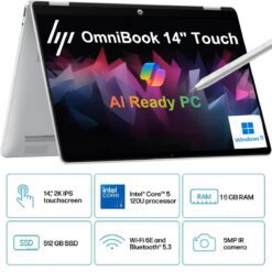 HP OmniBook 5 Flip 14 inch Laptop PC 14-fp0045ne, Intel® Core™ 5 120U 5.0 GHz, 16 GB LPDDR5-5200, 512 GB PCIe®, 14-inch diagonal, 2K (1920 x 1200) IPS Touch w/ HP Rechargeable MPP 2.0 Tilt Pen - Windows 11 Home - 3 Year Warranty