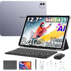 Blackview Link 8 Android 15 Tablet 127 Large Screen Gaming Tablet with Pen Helio G100 612GB RAM 256GB 90 Hz 2K 3 AI Cameras 5G Wi-Fi with Keyboard Mouse Stylus Earphones Screen Protector Back Cover - Dawn Blue