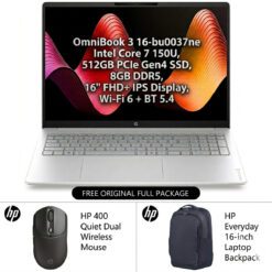 HP OmniBook 3 Laptop 16-bu0037ne - Intel Core 7 150U 10 Cores 512GB PCIe Gen4 SSD 8GB DDR5 16 FHD IPS Display WiFi 6 BT 54 Glacier Silver with 16 Everyday Backpack HP 400 Quiet Dual Wireless Mouse