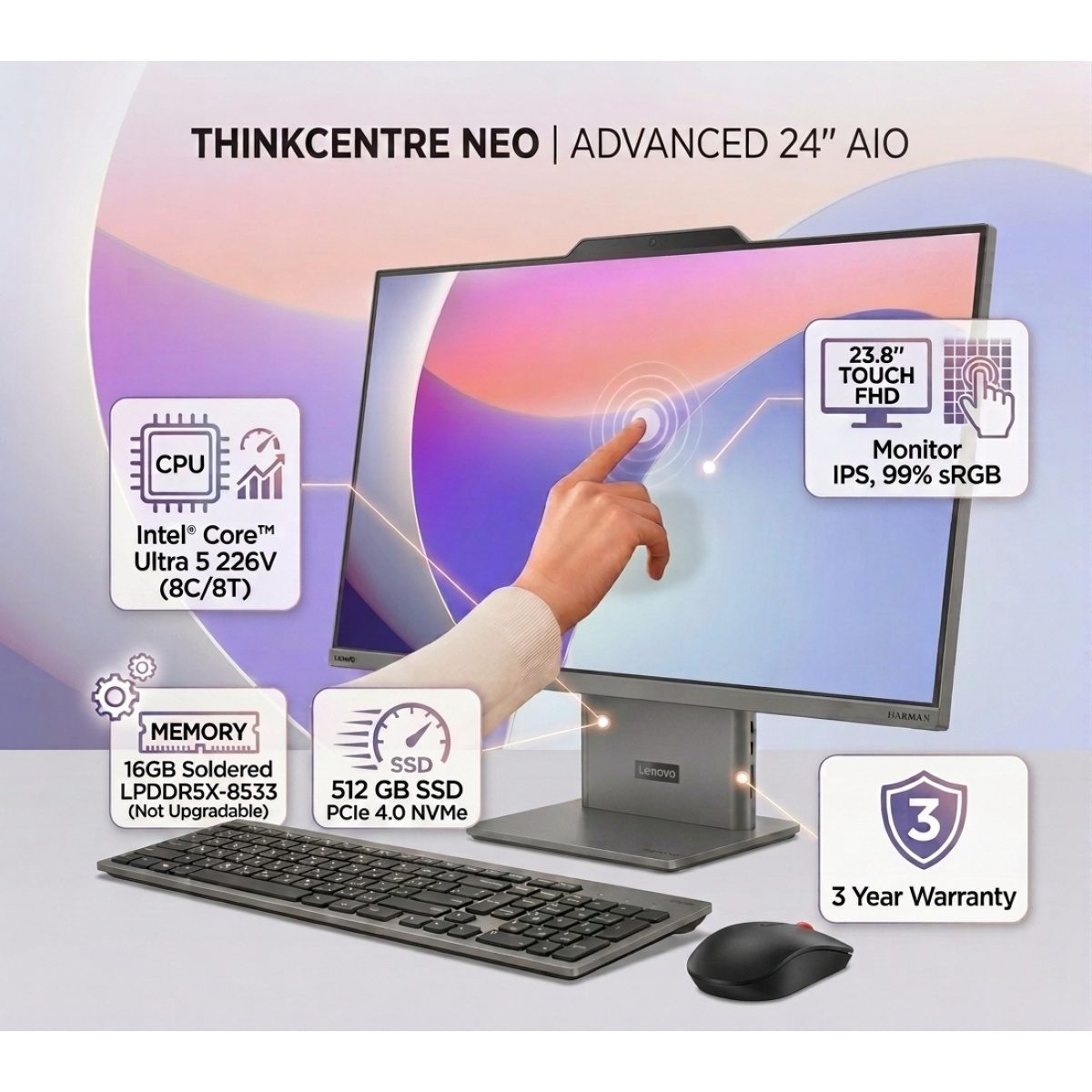 Lenovo ThinkCentre neo 50a 24 Gen 6 238 FHD Touch AIO Desktop Intel Core Ultra 5 226V Integrated Intel Arc Graphics 16GB LPDDR5X 512GB PCIe 40 SSD Harman Speakers 5MP Camera WiFi 6 Ethernet Luna Grey – 3 Year Warranty Lenovo ThinkCentre neo 50a 24 Gen 6 238 FHD Touch AIO Desktop Intel Core Ultra 5 226V Integrated Intel Arc Graphics 16GB LPDDR5X 512GB PCIe 40 SSD Harman Speakers 5MP Camera WiFi 6 Ethernet Luna Grey - 3 Year Warranty